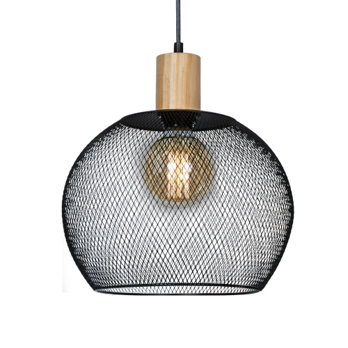Colgante de 1 luz E27 con madera y rejilla diámetro 30cm negro